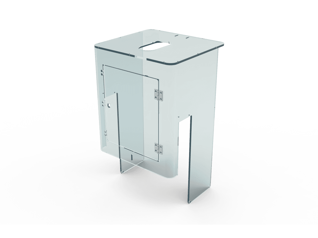 Protezione con porta battente in PVC trasparente Sp.8 per macchina di confezionamento settore cosmetico