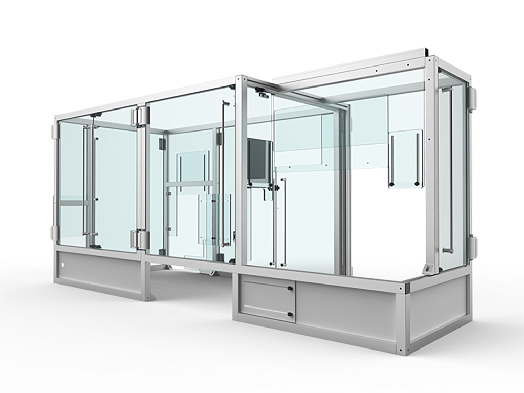 Protezione con struttura in aisi sr.40 e porte in vetro per macchina settore medicale